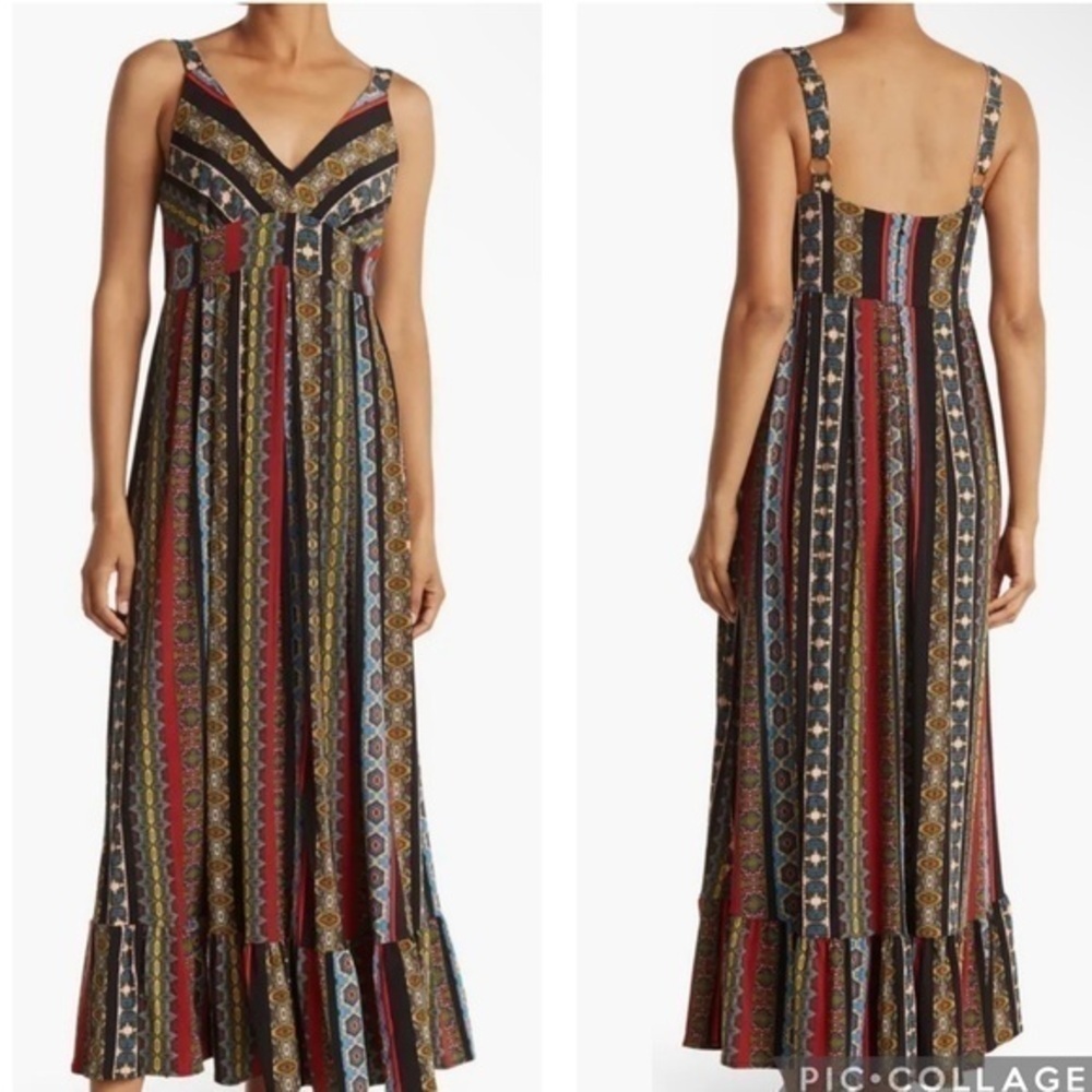 T. Tahari Sleeveless Bohemian Tile Stripe Paisley Ruffle Hem Boho Maxi Dress